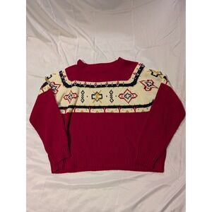 Vintage Medium Fair Isle Nordic Knit Sweater Red Cream Geometric Pattern